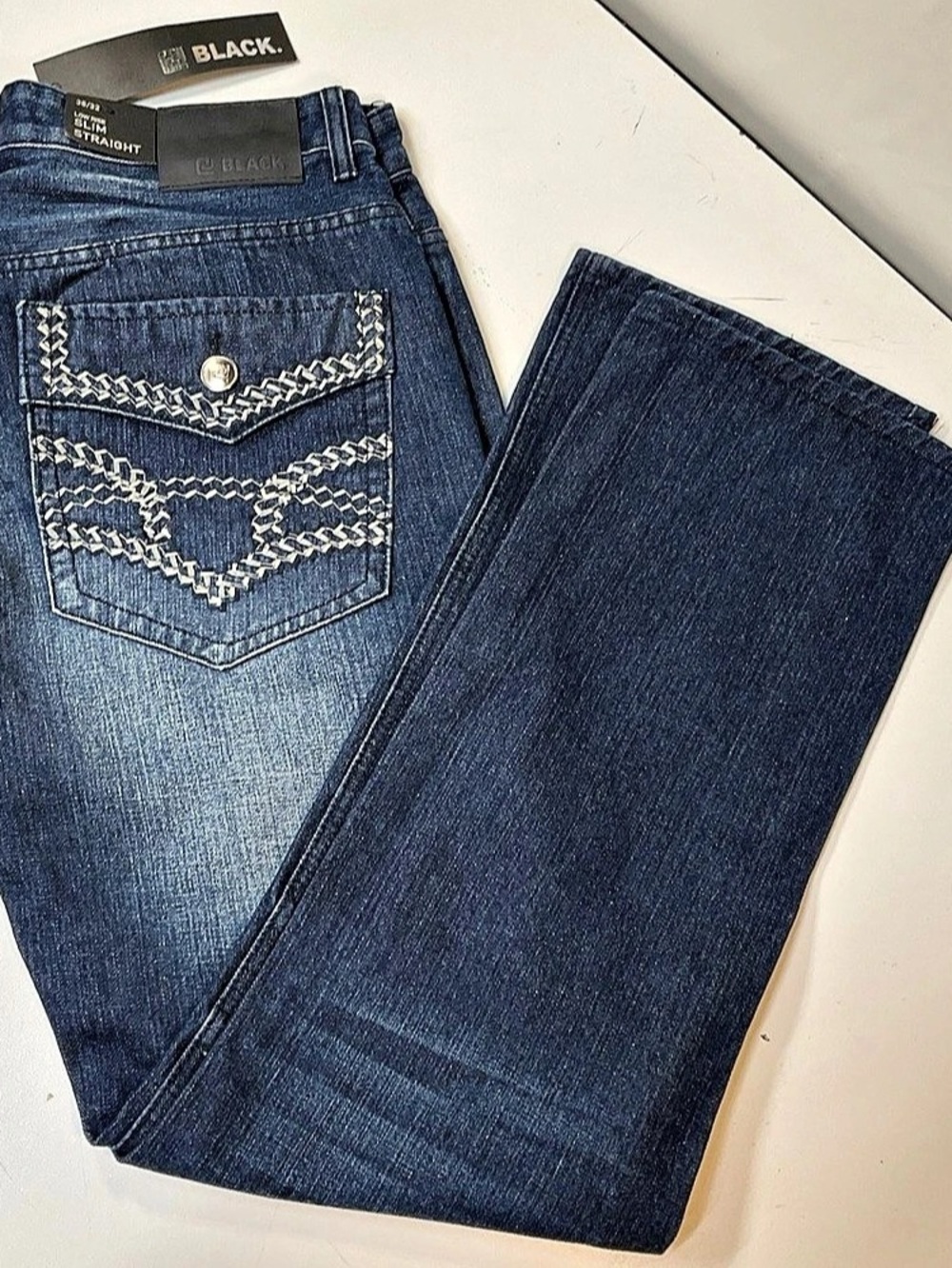 BLACK. Low Rise Slim Straight Jeans. Blue Waist 36/32